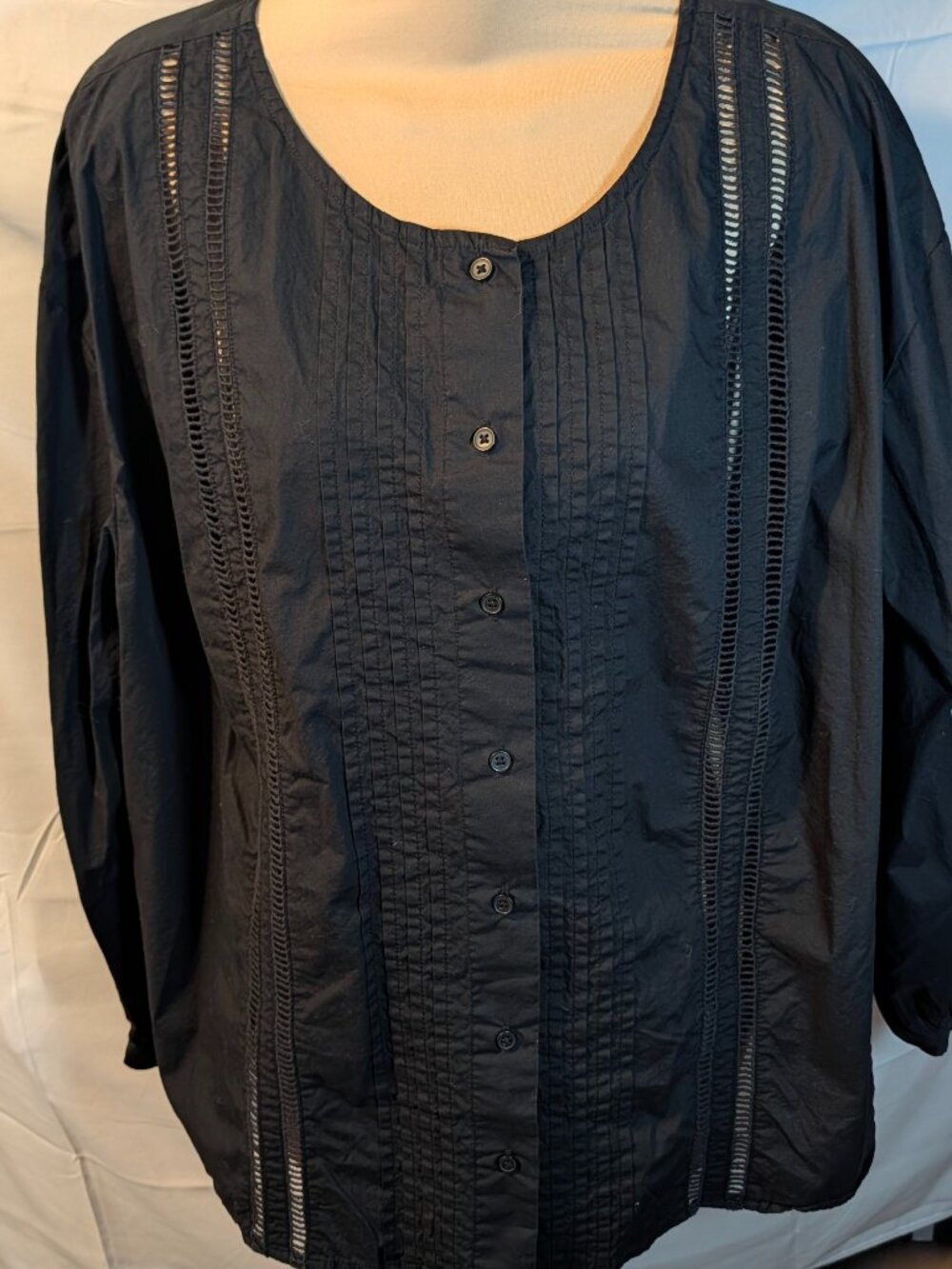 A New Day Blouse Women's XXL Black Lace Trim Pintuck Front Balloon Sleeves